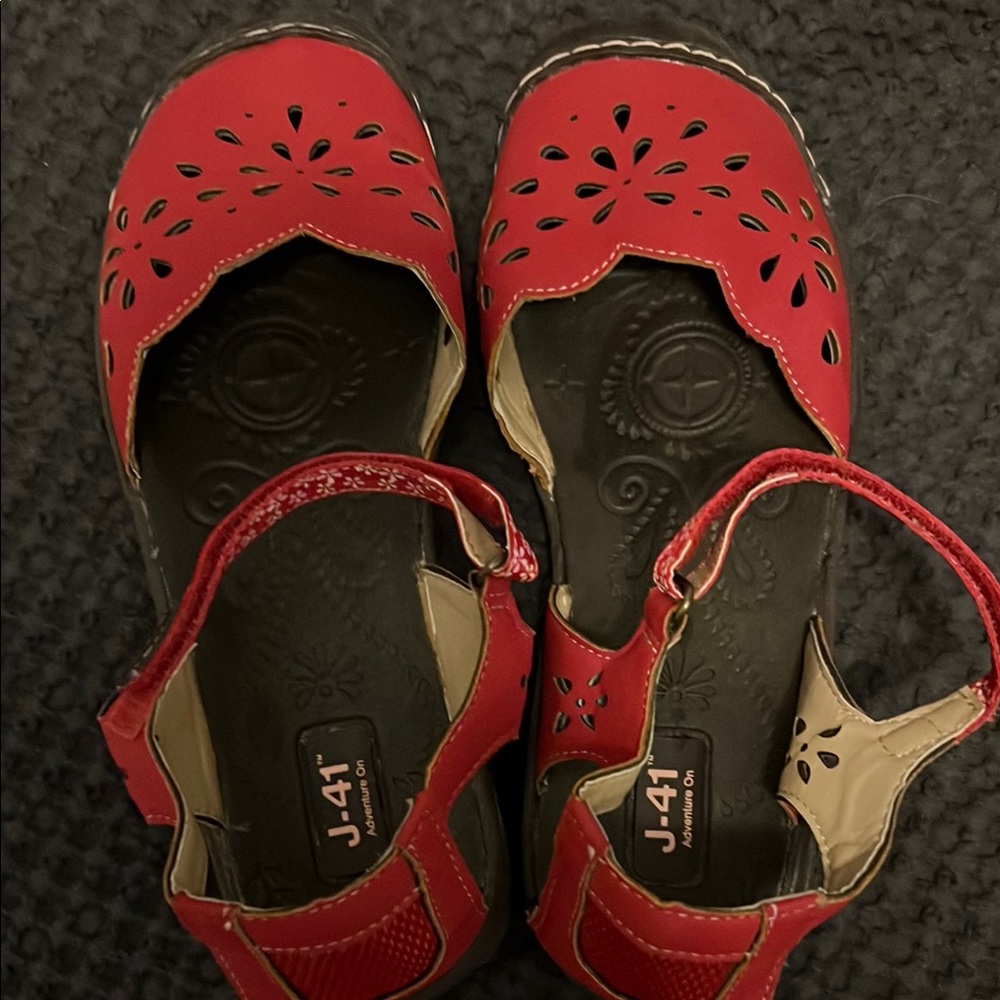 Vibrant Red Sandals with Floral Cutouts and Ankle Straps NWOT
